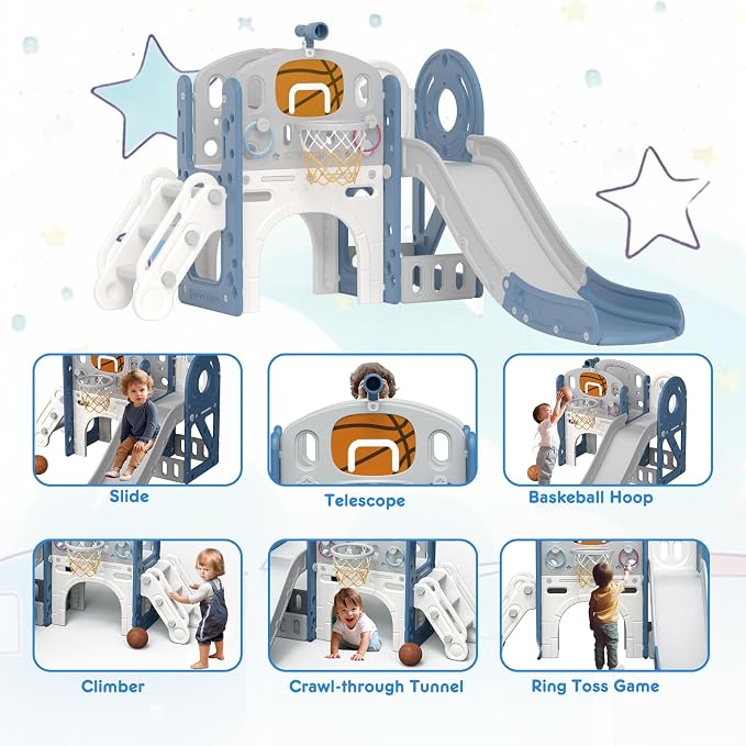 XJD 8 in 1 Toddler Slide Set, Kids Slide for Toddlers Age 1+, Climber Slide PlaySet with Basketball Hoop and Ball,Outdoor Indoor Playground for Toddlers 1-3 (Blue Gley, 8 in 1)