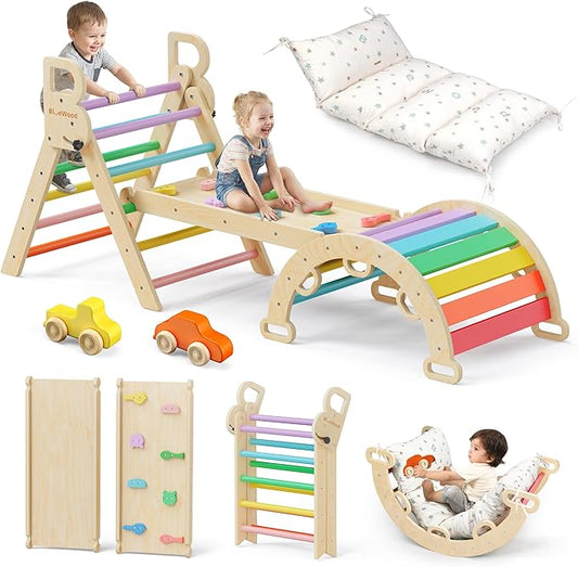 BlueWood Pikler Triangle Set with Cushion - Climbing Toys for Toddlers 9-in-1, Montessori Philosophy Play Jungle Gym with Arch, Ramp, Ladder (Rainbow)