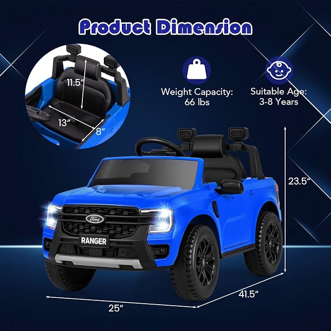 Licensed Ford Ranger Ride on Pickup Truck by INFANS, 12V Battery Powered Electric Vehicle for Kids with Remote Control, Headlight, Power Display, Bluetooth, MP3, Music, Aged 3-6 Years (Blue)
