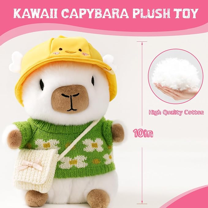 10.2" White Capybara Plush with 9 Pcs of Clothing and Accessories Super Soft Capybara Stuffed Animal Capybara Plush Toy is Suitable for Kids, Girls and Boys