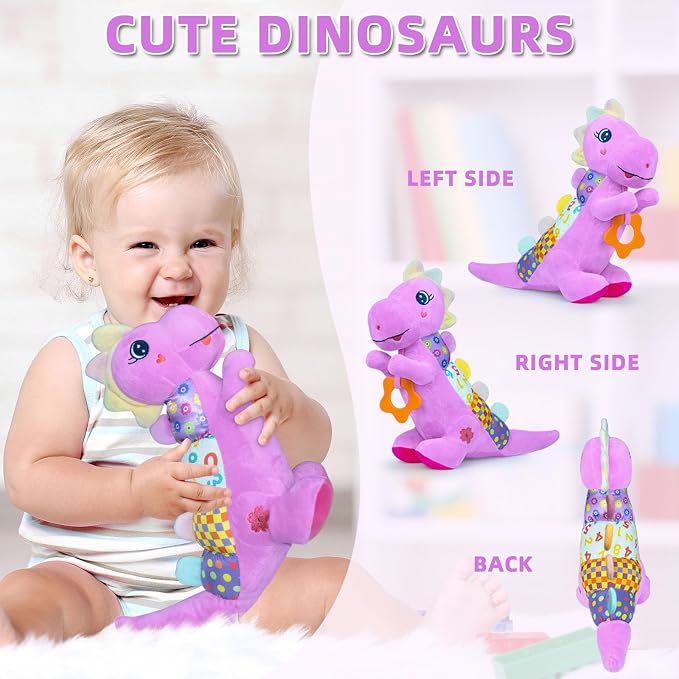 Baby Dino Musical Stuffed Animal Toys for 0-3-6-9-12 Months，Infant Dinosaur Tummy Time Toys with Crinkle Sound Paper,Teether，Textures & Rattles for Newborn Boys Girls Birthday Gifts，Purple