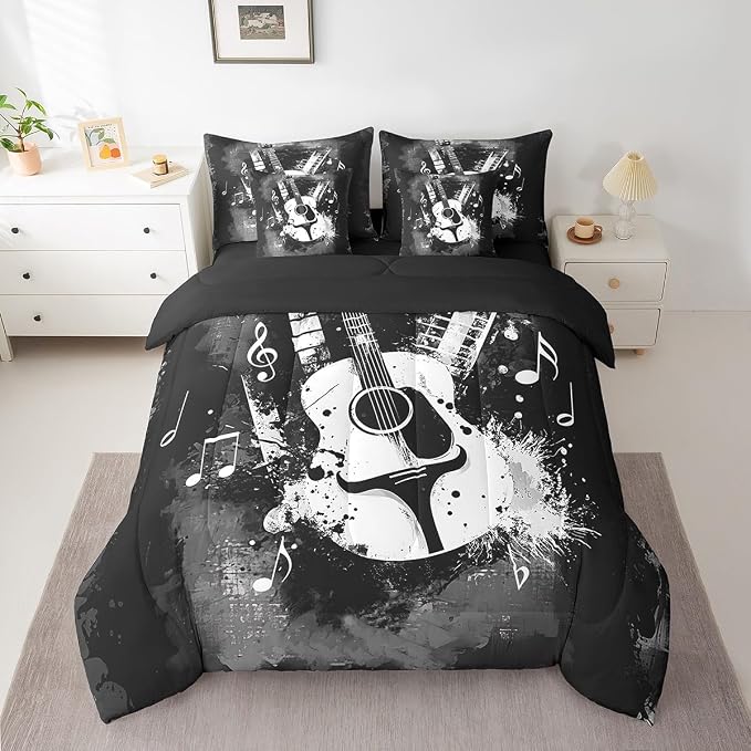 Feelyou Guitar Comforter Set with Sheets King Size Rock Music Bed in a Bag for Boys Girls Teens Carbon Black 7 Pieces Bedding Set Soft Lightweight Microfiber