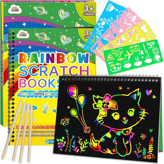 ZMLM Scratch Paper Art Craft: 2 Pack Rainbow Scratch Notebooks Crafts for Kids Ages 4-8 Year Old Girl Birthday Gift Games for Kids Arts Kits School Party Toys Activity