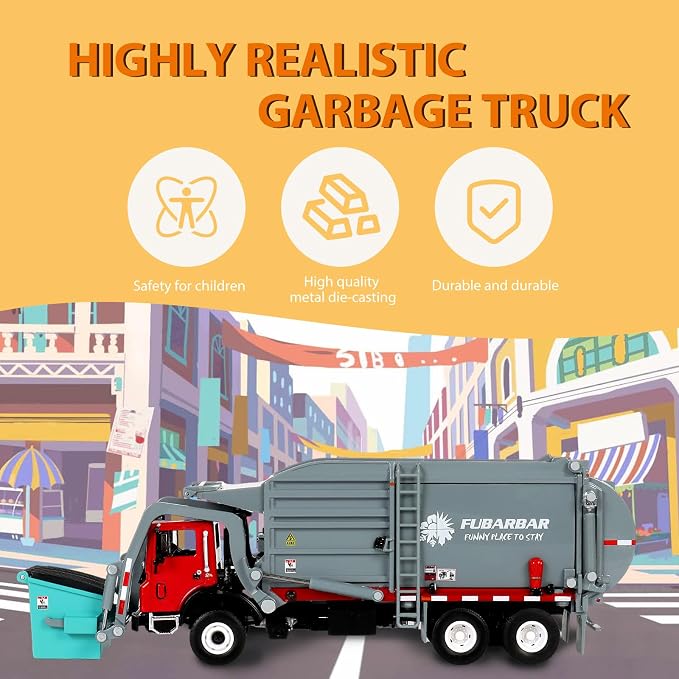 FUBARBAR Truck Toy Model – 1:43 Diecast Metal Garbage Recycling Waste Transport Truck with Trash Bin, Pull Back Model Car Toy for Kids 4-6 Age Boys Birthday Gift (Grey)