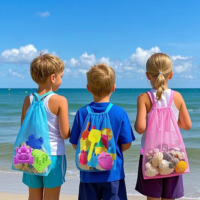 Vodolo Beach Toy Bag,3pcs Mesh Travel Sand Toys Backpack for Sandbox Buckets,Beach Vacation Essentials for Kids,Shell Collecting Bag Shelling Tools,Beach Must Haves Sand Box Toys Seashell Bags