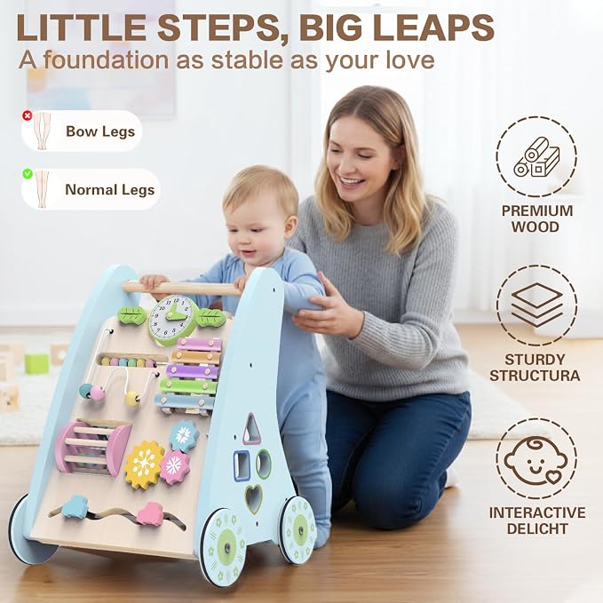 Wooden Baby Walker,Adjustable Speed Push Walker with Wheels and Learning Activity Center,Montessori Walker for Babies 12 Months,Baby Walker Push Toys for Baby Boys and Girls Gifts (Blue)