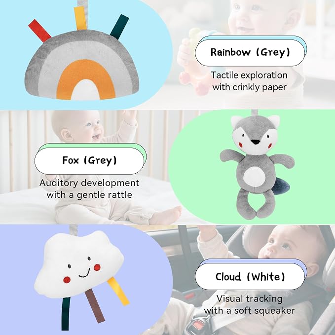 Car Seat Toys for Babies 0-6 Months: Travel Baby Toy for Soft Hanging Toys for Carseat, Spiral Stroller Activity Toy Plush for Infant Boys Girls, Grey Fox
