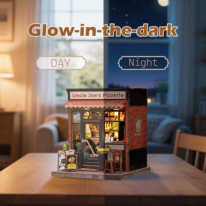 Fsolis Book Nook Kit - 3D Wooden Puzzles for Adults DIY Miniature House Kit Bookshelf Pizza Shop Diorama Gifts for Women Puzzle Lovers (Uncle Joe's Pizzeria)