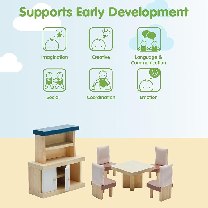 PlanToys® Wooden Dining Room Set | Montessori Dollhouse Furniture with Table, Chairs, Cupboard and Shelf | Imaginative Role Play Toy for Social Interaction | Eco Friendly Pretend Play Kitchen Activity