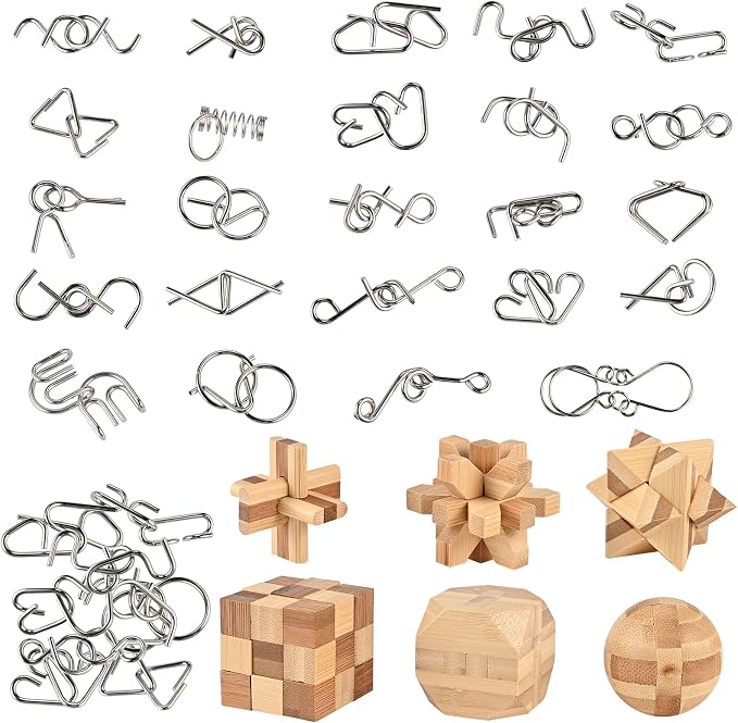 GOLDGE 30pcs Brain Teaser Puzzle Set for Adults & Kids – Ancient Wooden & Metal 3D Puzzles, IQ Logic Games for Family, Parties & Coffee Breaks. Unlock & Solve Interlocking Challenges, Educational Toy