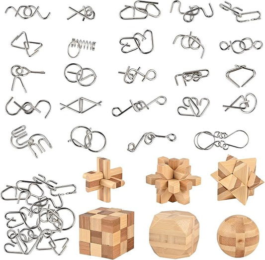 GOLDGE 30pcs Brain Teaser Puzzle Set for Adults & Kids – Ancient Wooden & Metal 3D Puzzles, IQ Logic Games for Family, Parties & Coffee Breaks. Unlock & Solve Interlocking Challenges, Educational Toy