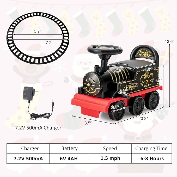 Costzon Ride on Toys, 6V Electric Ride on Train with Tracks, Storage Seat, Flashing Lights & Music, Backrest, Anti-tilt Device, Gift for Toddler Boys & Girls, Battery Powered Ride on Car (Black)