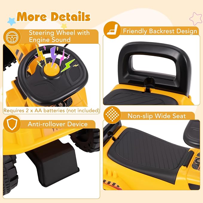 Costzon Ride On Excavator, Kids Construction Digger Truck, Ride on Push Car for Toddlers w/Working Shovel, Engine Sound, Under-seat Storage, Anti-Rollover Device, Sliding Car Vehicle Toy(Excavator)