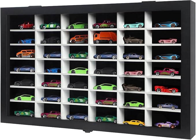 Diecast Model Car Display Case 1/64 Scale Toy Cars Organizer Storage Cabinet Wall Mount with Acrylic Glass Door & Removable Shelf - Holds Up to 42 Cars, Large-Black