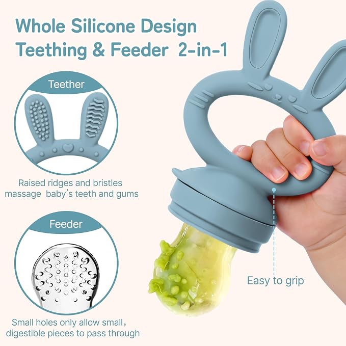 Baby Fruit Feeder Pacifier 2 Pack, Cute Bunny Silicone Food Feeder for Babies 4M+, BPA-Free Infant Teether for Fresh Fruit, Puree & Frozen Breastmilk, 4 Pouches