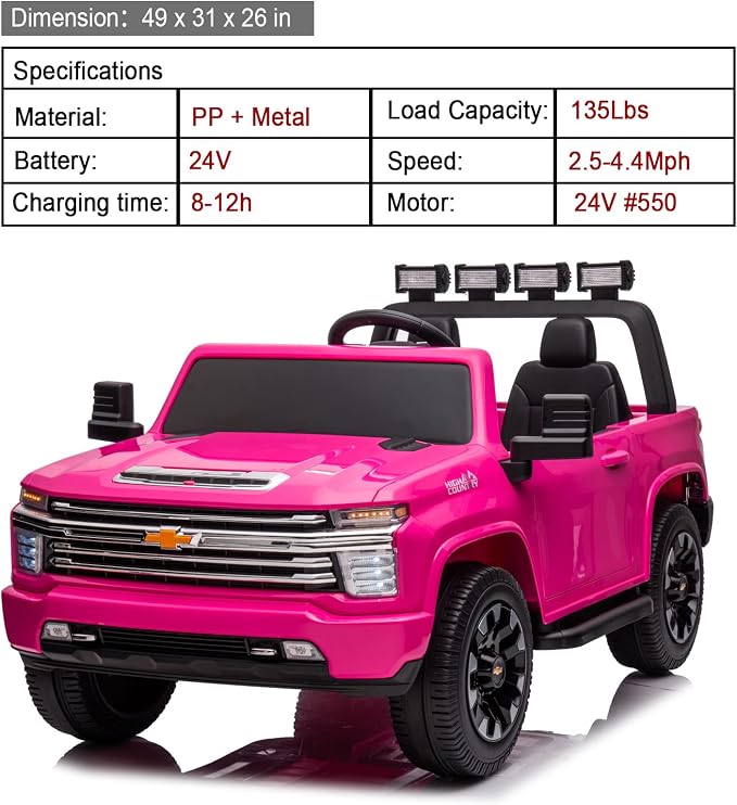 24V Ride on Toys for Kids, Chevrolet Silverado 2 Seater Ride on Car for Kids Remote Control Kids Electric Cars Kids Driving Car with Bluetooth, Power of Wheel Car for Kids Truck for All Types of Road