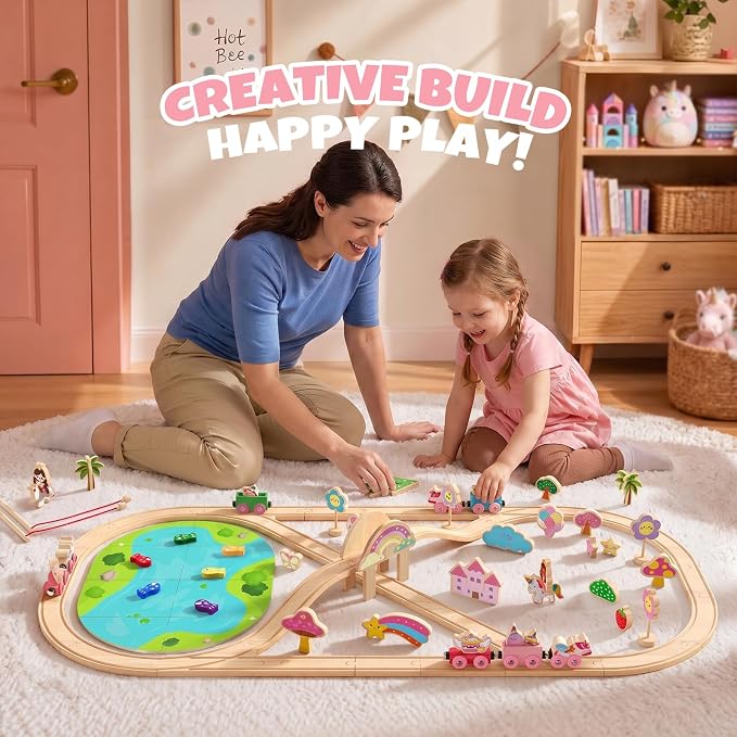 Hot Bee 110PCS Wooden Train Set, Toy Train Track Set for Toddlers Girls 2-4, Pink Wood Train Track with Fairies & Unicorns, Girl Train Set Birthday Gifts for 2 3 4 5 6 7 Year Old