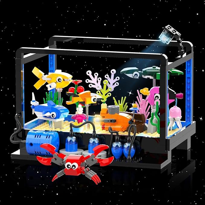 Tenhorses Fish Tank Building Block Set, Lighting Aquarium Sets Including Marine Life, a Submarine and a Treasure Chest, Building Block Toy for 6+, Gift for Sea Lovers.