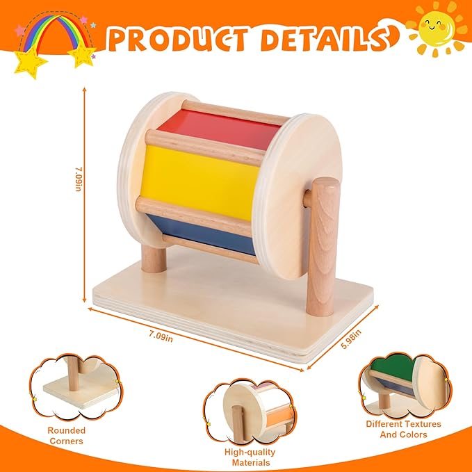 Montessori Baby Toys Play Kit Montessori Mirror Peekaboo Knob Puzzle, Medium Spinning Drum and Rainbow Fabric Ball Kit Toys for 6-12Months Toddlers