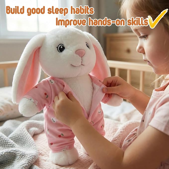 Plushies Stuffed Animal with Clothes Dress up Costume Soft Bedtime Toy 12 Inch Doll Outfit for Kids Toddler Boy Toys Funny Room Decor Washable Cuddle Pillow Green Animal Plush Rabbit Bunny