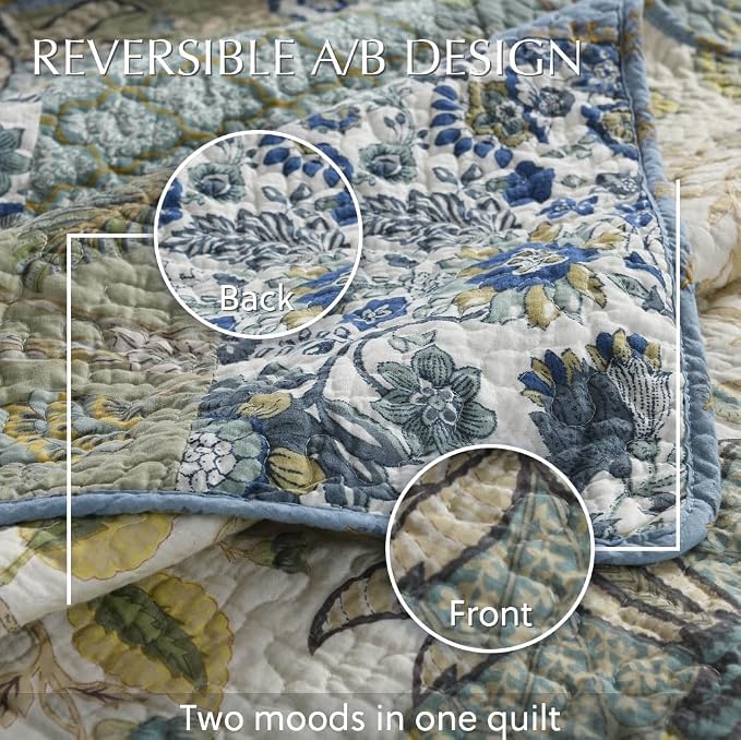 Cotton Bedspread Quilt Bedding Sets Reversible Coverlet Sets Comforters Rustic Paisley Floral Patchwork Sage Green Bedspread, Queen Size
