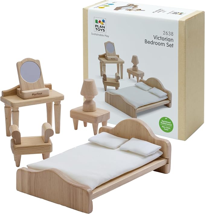 PlanToys® Wooden Victorian Bedroom Set | Montessori Dollhouse Furniture for Daily Routine Play, Social Skills & Imaginative Storytelling | Eco Friendly Wooden Bedroom Accessories for Dollhouse