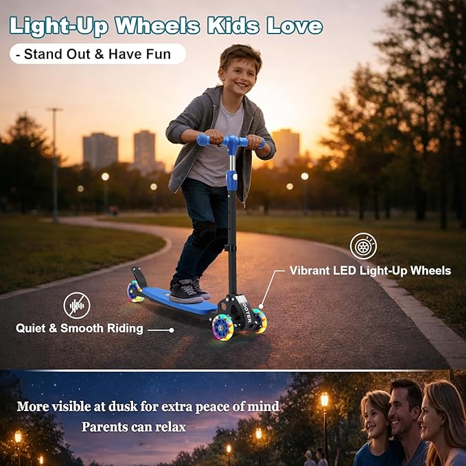 3 Wheel Kids Kick Scooter for Ages 3-12, Lean-to-Steer, Light-Up Wheels, 3-Level Adjustable Handlebar 27.5”-33”, Wide Non-Slip Deck, Dual Rear Brake,Travel Foldable, for Boys & Girls Toy Gifts