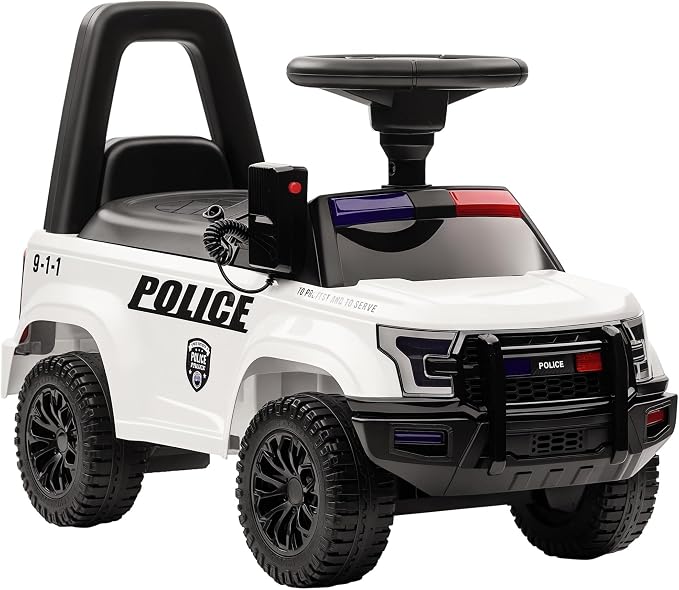 Aosom Kids Push Ride On Car with Working PA System and Horn, Police Truck Style Foot-to-Floor Sliding Car for Boys and Girls with Under-Seat Storage, for 18 Months to 5 Years Old, White