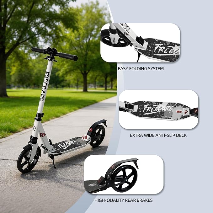 FREEDARE Kick Scooter for Kids & Adults Ages 8+, Foldable Teen Scooter with 2 Big 8-inch Wheels and 4-Level Adjustable Handlebar, Max Load 220 LBS