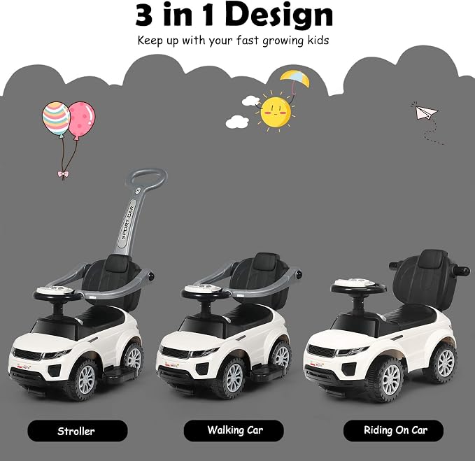 Costzon 3 in 1 Ride on Push Car, Stroller Sliding Walking Car with Horn, Music, Light, Under Seat Storage, Parental Handle, Armrest Guardrails, Ride on Toy for Boys & Girls (White)