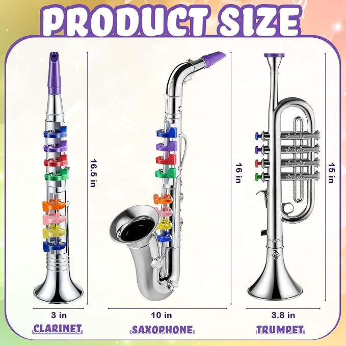 3 Pcs Kids Instruments Musical Toy Saxophone Trumpet Clarinet with 8 Color Coded Keys Educational Teaching Songs Gifts for Boys Girls Children Toddler Beginner Birthday Concert Party(Silver)