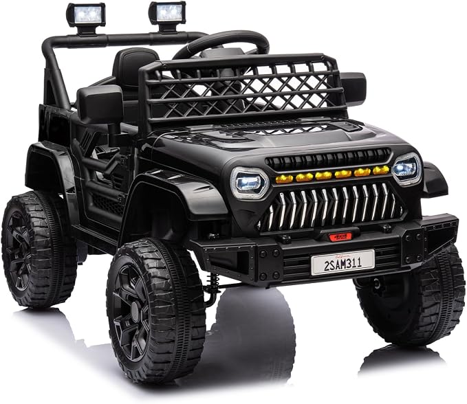 GarveeLife 12V Kids Ride On Truck Electric Vehicle Battery Powered Car Toddlers Ride On Toy for Boys Girls with Remote Control, 4-Wheel Suspension, Battery Display, LED Lights, Music, Black