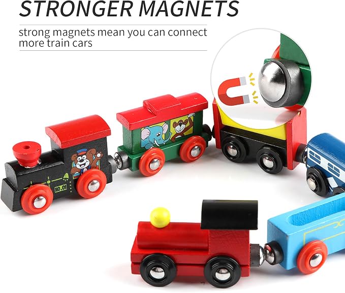 12 PCS Wooden Train Cars, Train Toys Magnetic Set Includes 3 Engines and Storage Bag, Toy Train Sets for Kids Toddler Boys and Girls, Compatible with Major Brands Train Tracks Set