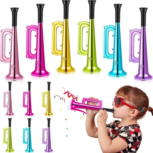 Poen 12 Pcs Toy Trumpet Kids Mini Metallic Trumpet Parties Musical Blow Horn Instruments Plastic Noise Makers for Kids Events Party Favors Music Class Stage Props 7 Inch Easter Day(Colorful)