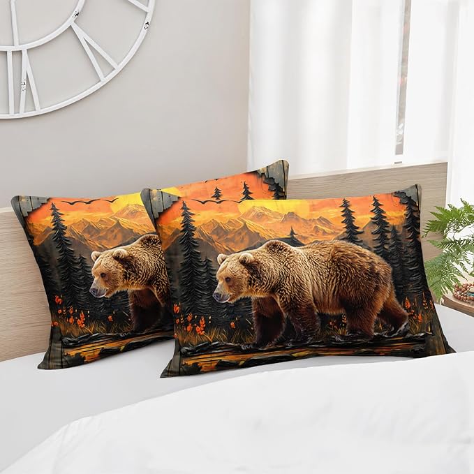 AILONEN Rustic Bear Bedding Set Queen Size,Wildlife Hunting Comforter with 2 Pillowcases,3-Piece Woodland Pine Forest Animal Duvet Set