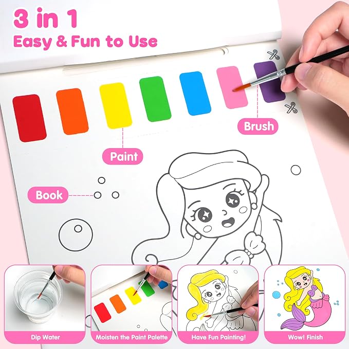 ZIZZ Paint with Water Coloring Books for Toddlers, Princess Watercolor Painting Sets for Kids Ages 3-5 4-8 Years Old, No-Mess Drawing Activity Art Craft Toys Birthday Valentine's Day Gifts for Girls
