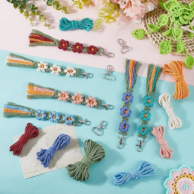 SUNNYCLUE 6 Sets Keychain Making Kits Macrame Keychain Kit Daisy Flower Keychain with Instruction Boho Tassel Keychains Flowers Macrame Kits for Beginners Adults Handbags DIY Hanging Ornament Decor
