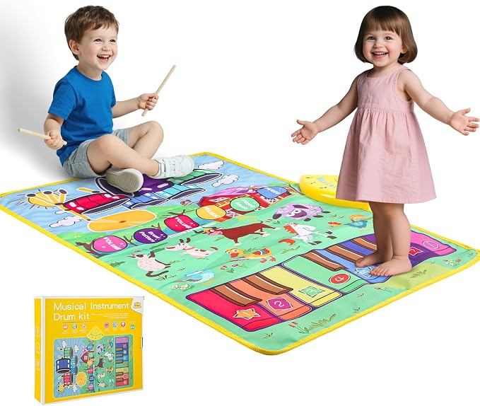 Musical Farm Animals Sounds Piano Mat for Kids, Educational Learning Toy | Sensory Interactive Floor Touch Play Mat with Drumset Dancing Keyboard Carpet for 3-12 Year Old Boy Girl Gifts