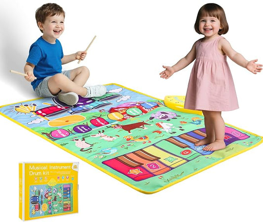 Musical Farm Animals Sounds Piano Mat for Kids, Educational Learning Toy | Sensory Interactive Floor Touch Play Mat with Drumset Dancing Keyboard Carpet for 3-12 Year Old Boy Girl Gifts