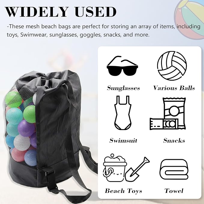 INVODA Mesh Beach Bag Drawstring Beach Backpack Foldable Toy Organizer Bag Shell Adjustable Straps Large Capacity Swim Bag