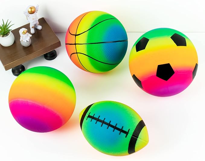 Homotte Rainbow Sports Balls Pack of 4, 8.5" Football Basketball Soccer Volleyball Set with Pump, Inflatable Multi-Sports Ball Set, Outdoor Playground Toys for Kids, Bulk Available