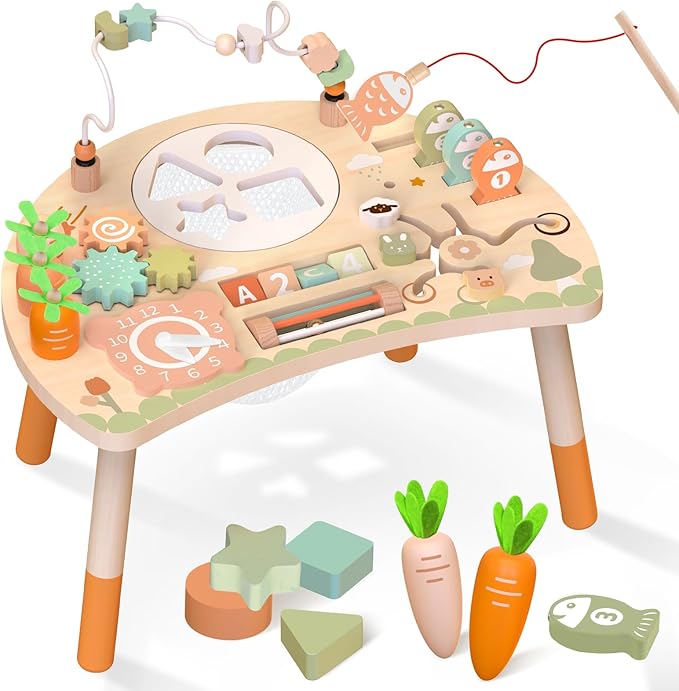 Weilim Activity Table, 9-in-1 Wooden Montessori Toy Activity Center with Shape Sorter Fishing Game Bead Maze, Baby Play Table Sensory Educational Toys for Toddler
