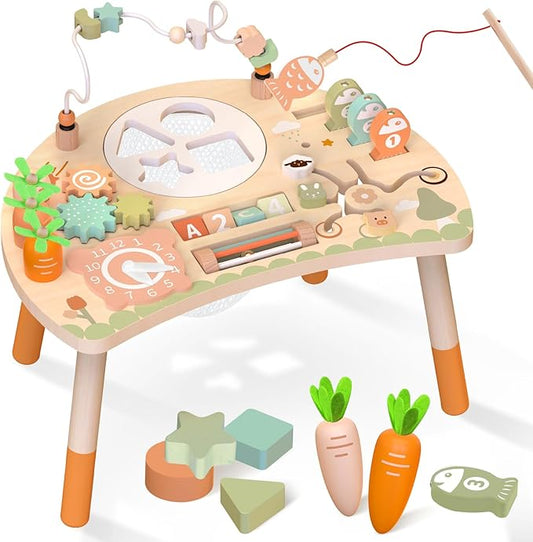 Weilim Activity Table, 9-in-1 Wooden Montessori Toy Activity Center with Shape Sorter Fishing Game Bead Maze, Baby Play Table Sensory Educational Toys for Toddler
