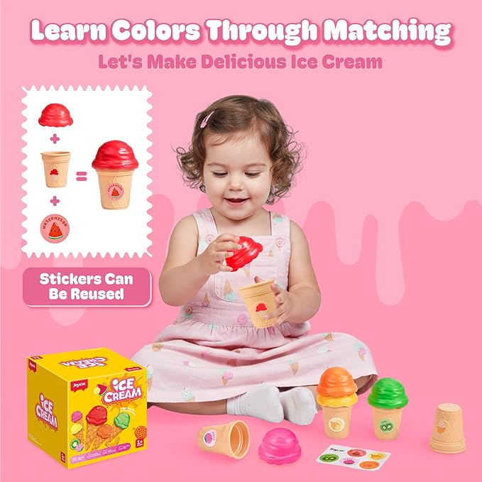 JoyCat Ice Cream Toy Set for Toddlers 1-5, Color Sorting & Stacking Toys, Pretend Play Food for Boy Girls Kids, Educational Fine Motor Skills Gift (5 Cones 5 Scoops)