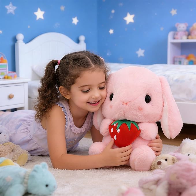HOUPU Soft Toy - Sitting Lop Eared Rabbit, Easter White Rabbit Stuffed Bunny Animal with Carrot Soft Lovely Realistic Long-Eared Standing Pink Plush Toys (Pink-Strawberry,16.9in/43cm)
