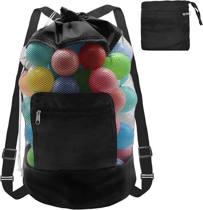 INVODA Mesh Beach Bag Drawstring Beach Backpack Foldable Toy Organizer Bag Shell Adjustable Straps Large Capacity Swim Bag
