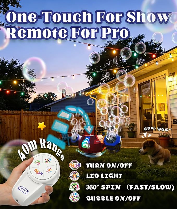 Bubble Machine - Auto 360° Rotation, Remote Control(65-131ft), 9Colors RGB Lights, 40000+ Bubbles, USB-C Rechargeable - Gift Toys for Kids, Toddler, Boys, Girls, Parties, Birthday, Wedding