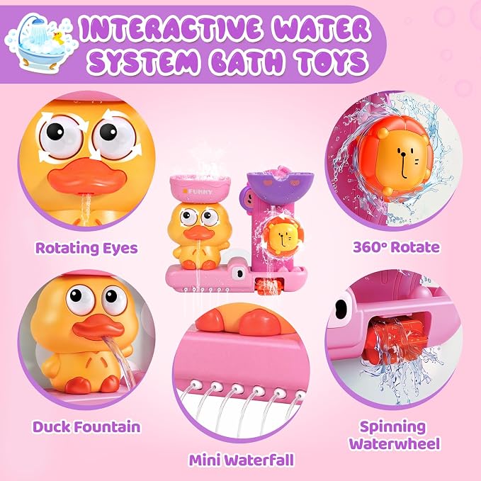 Toddler Bath Toys for Kids Ages 1-3 Waterfall Bathtub Toys for Toddlers 2-4 | with 3 Stacking Cups No Mold Baby Bath Toys Interactive Duck Shower Toys for 1+ Year Girl Gifts with Strong Suction Cups Pink