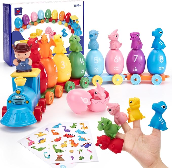 hahaland Toddler Learning Toys for 2 3 Year Old – Montessori Counting Matching Train Set with 8 Dinosaurs & Sorting Easter Eggs, Dino Stickers Toddler Toys for Kids 1-3 Years Easter Basket Stuffers