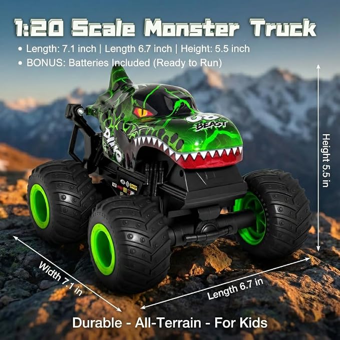 Remote Control Dinosaur Car for Boys 4-7 8-12, Sturdy 1:20 Scale RC Monster Truck with LED Lights Roar Sound, 2.4GHz All Terrain Off Road Toy, Birthday (Green)